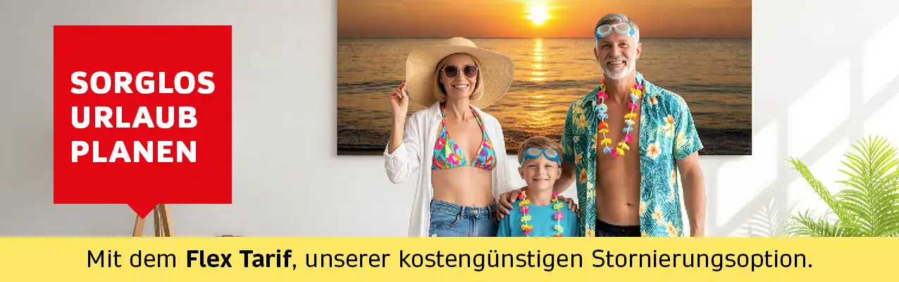 Sorglos Urlaub planen. Mit dem Flex Tarif, unserer kostengünstigen Stornierungsoption. Mehr.